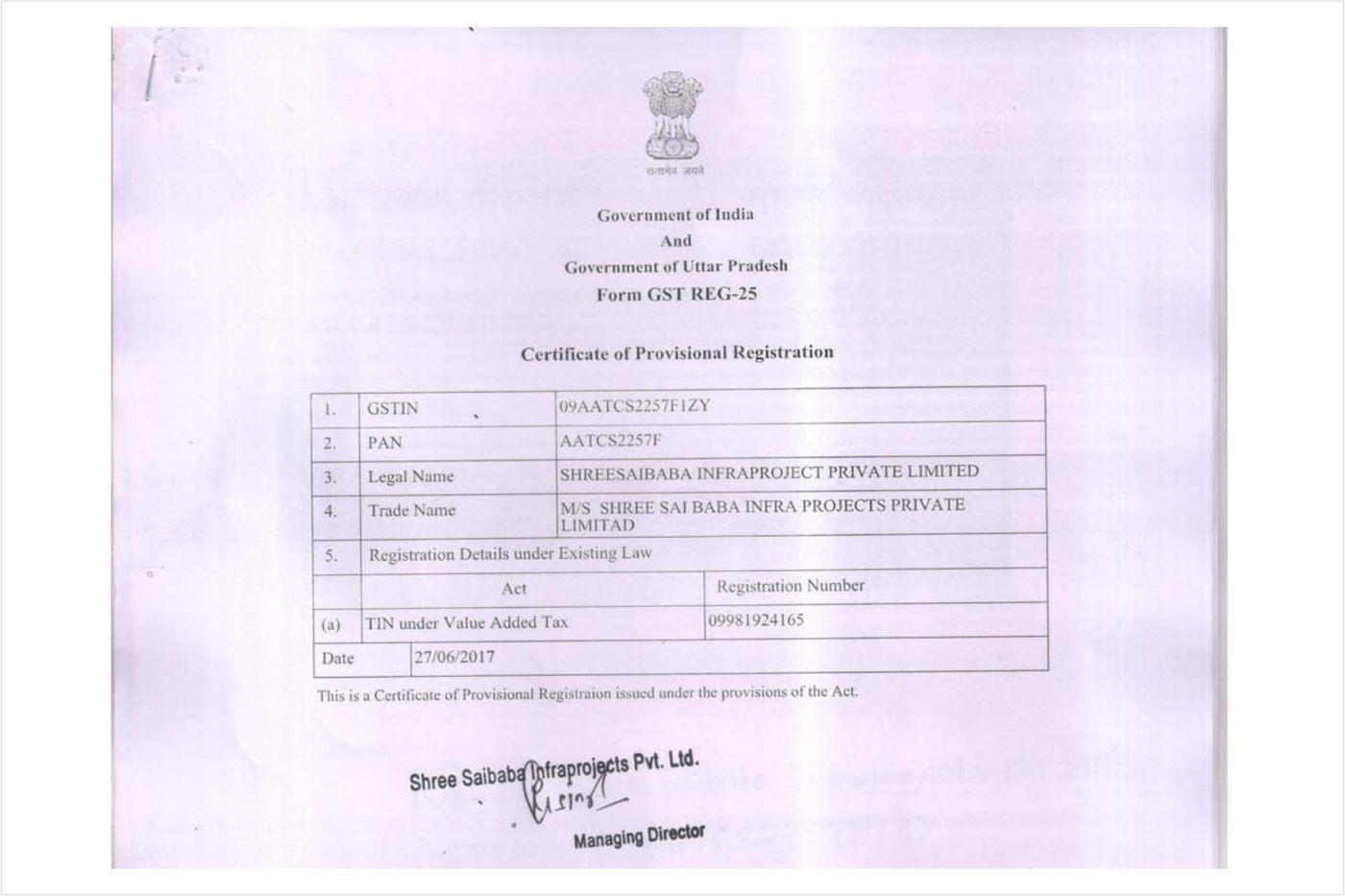 GST Registration — Shree Sai Baba Infra Projects Pvt. Ltd.